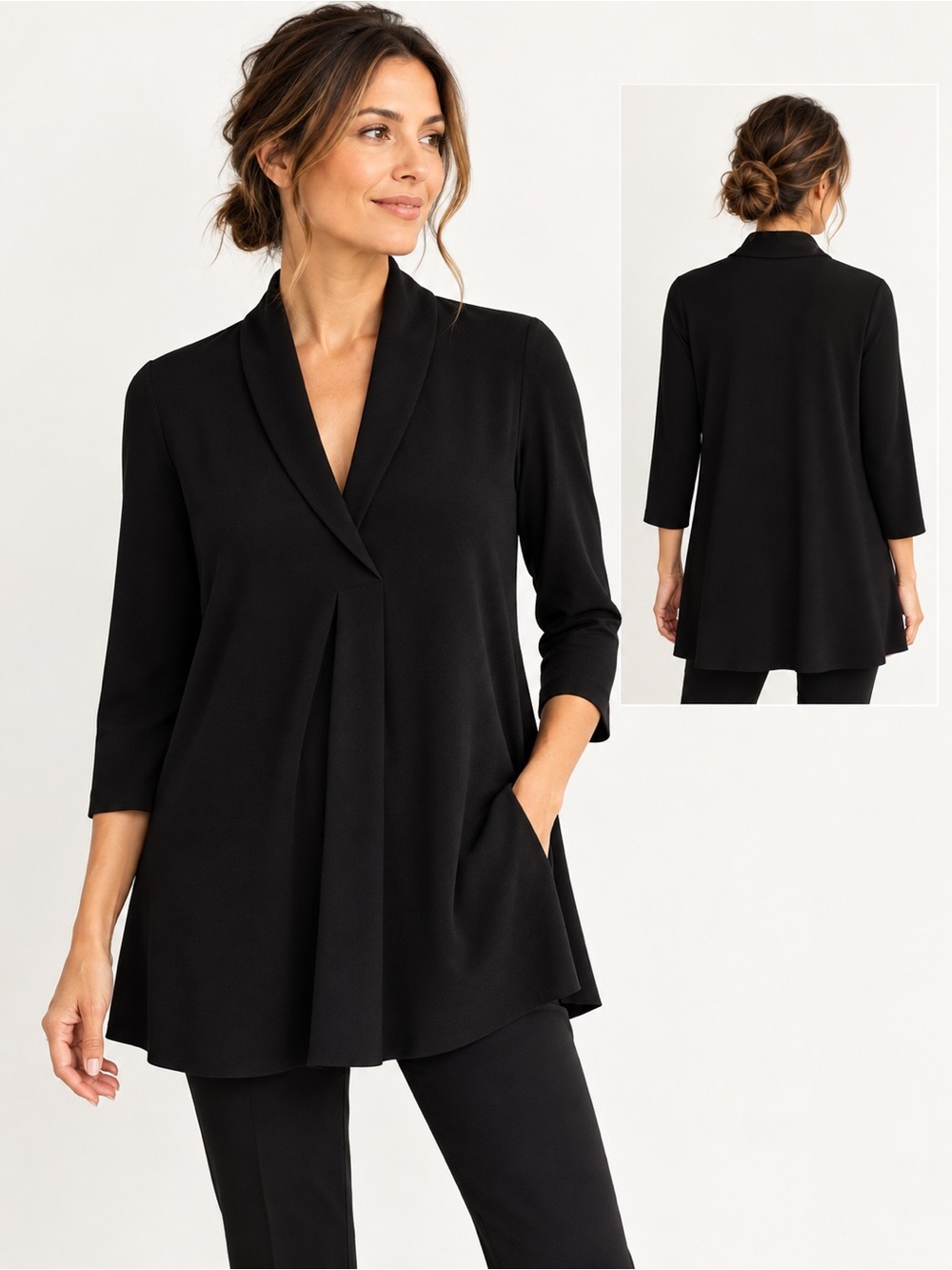 Eileen Fisher Black Shawl Collar Stretch Crepe Tunic Top XS